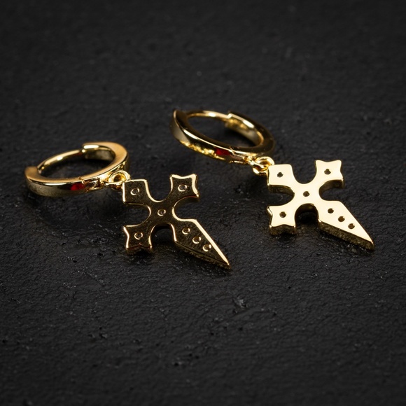 Cross Dangle Mens Iced Gold 925 Sterling Silver Huggie Dagger Hoop Earrings - Picture 3 of 6